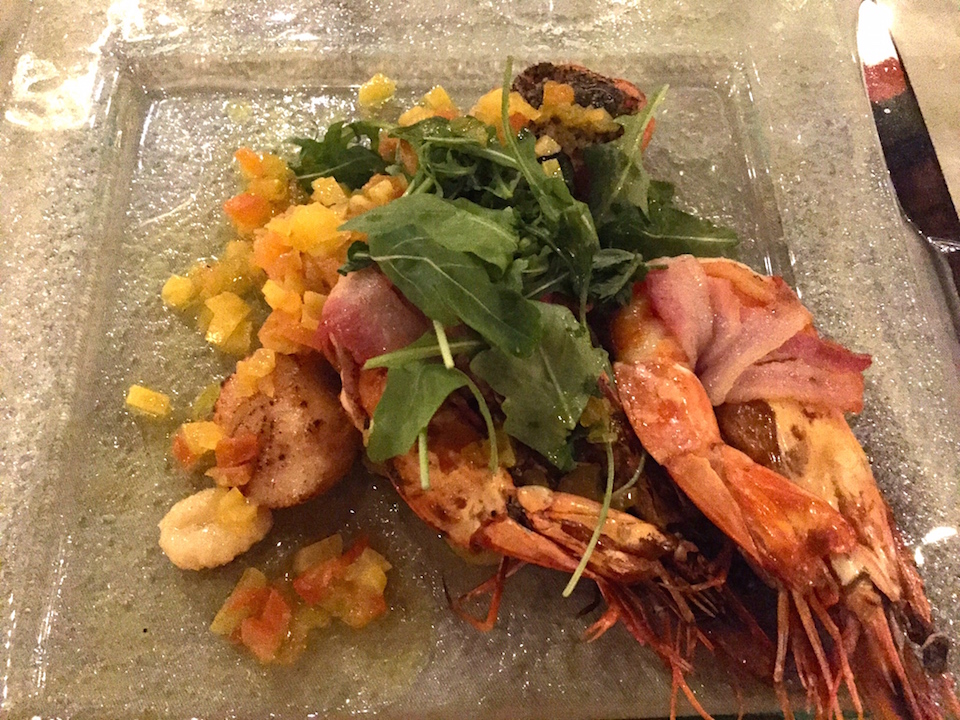 seared jumbo shrimp wrapped in pancetta with langoustine