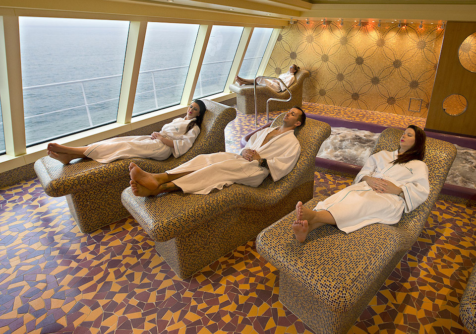 Relaxing in the thermal suite in the Carnival Vista's Cloud 9 Spa thermal suite is a soothing end to a shore excursion in port. The largest and most innovative cruise vessel in Carnival Cruise Line's fleet, Carnival Vista measures 133,500 tons, 1,055 feet long and has a guest capacity of almost 4,000 passengers. Photo by Andy Newman/Carnival Cruise Line