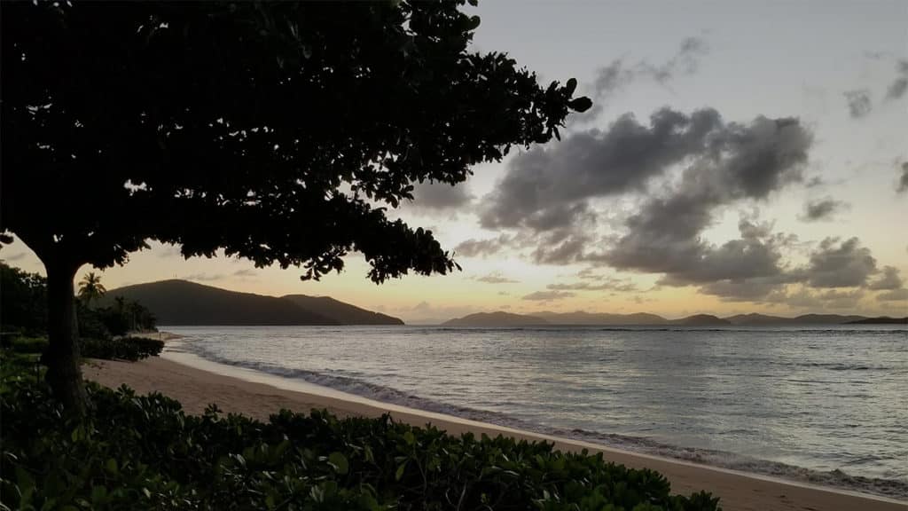 mahoe bay at sunset in the bvi