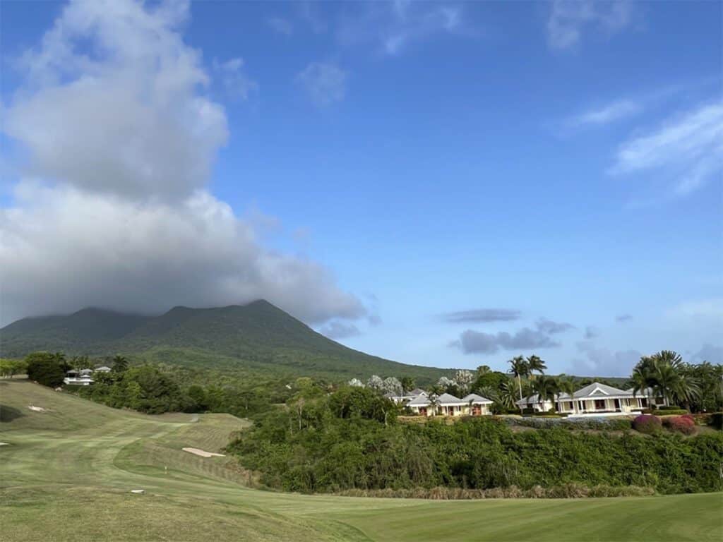 golf with volcano in background