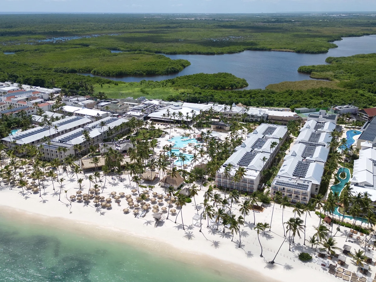 an aerial look at the 1,059-room resort with the ocean in front