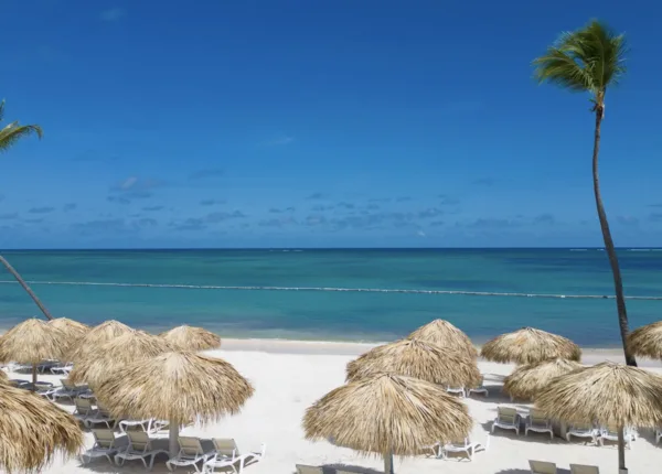 palapas on the beach with white sand and blue water