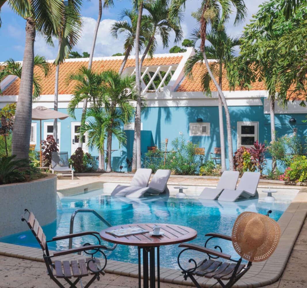 the kura hulanda pool with palm trees