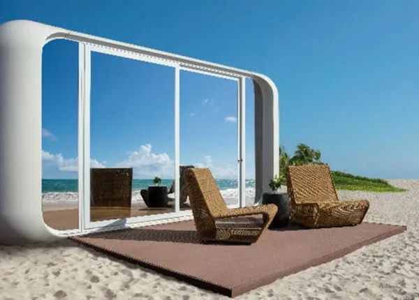 beach bungalow on the sand with reflection of water