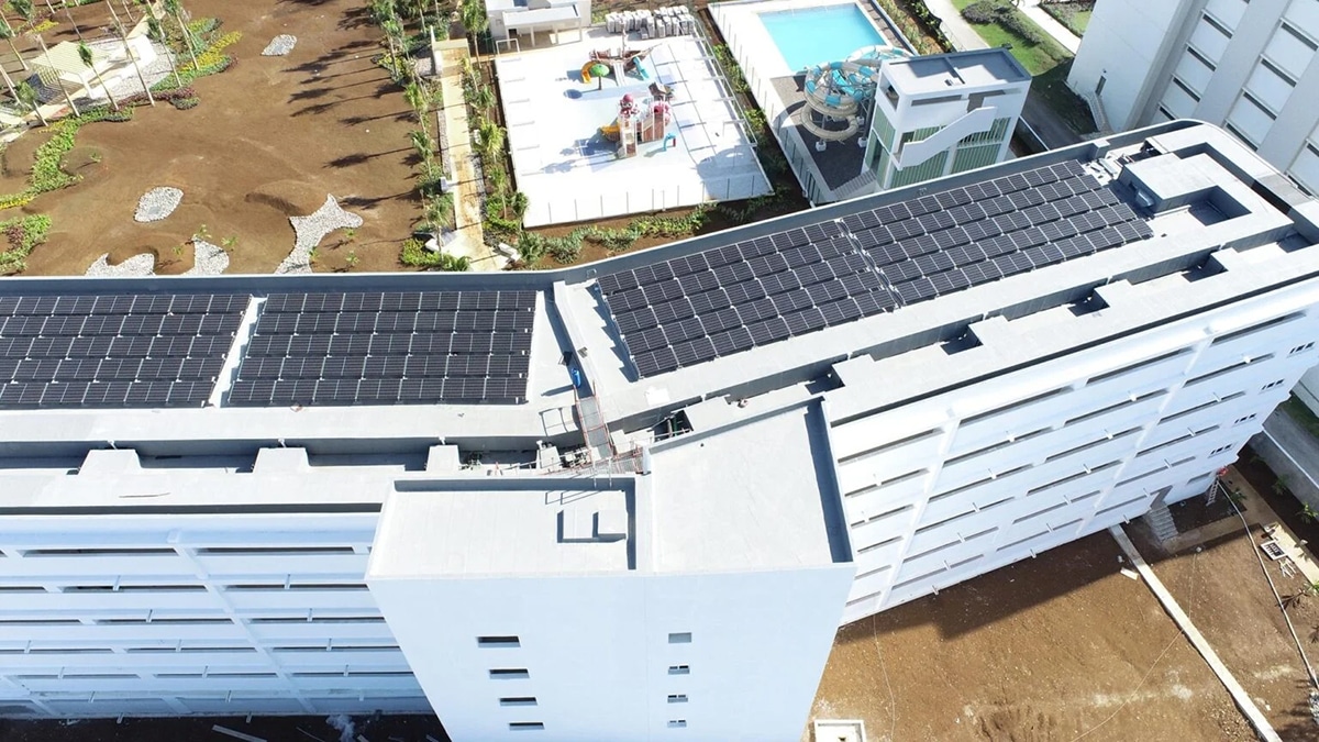 solar panels on the roof of the resort 