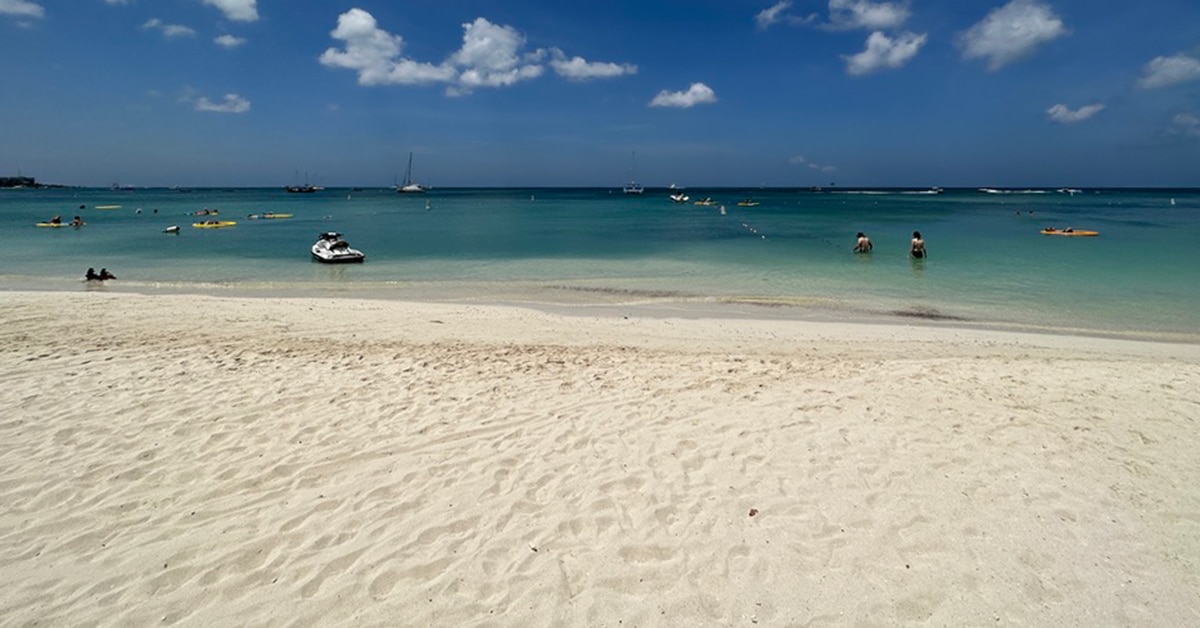aruba palm beach white sand and people in the water